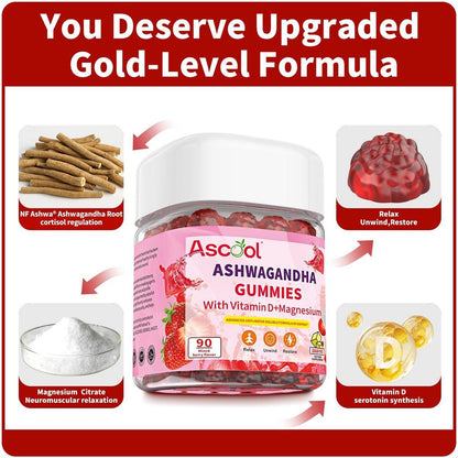 Ascool Ashwagandha Gummies für Stressabbau & Ruhe mit Magnesium + Vitamin D – 90 Stück, zuckerfrei, vegan