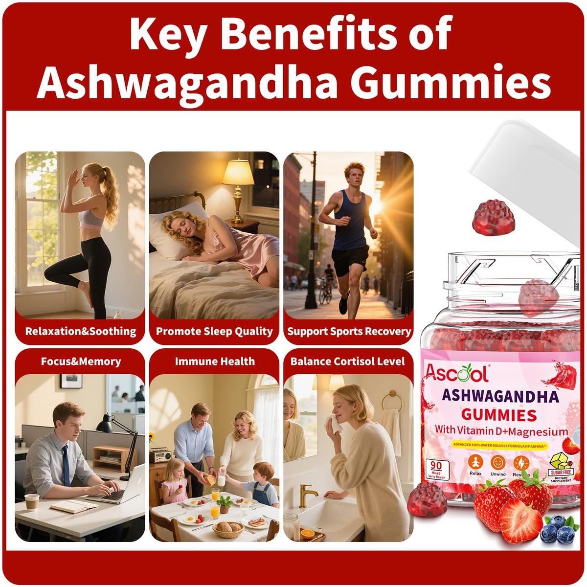 Ascool Ashwagandha Gummies für Stressabbau & Ruhe mit Magnesium + Vitamin D – 90 Stück, zuckerfrei, vegan