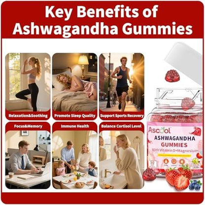 Ascool Ashwagandha Gummies für Stressabbau & Ruhe mit Magnesium + Vitamin D – 90 Stück, zuckerfrei, vegan