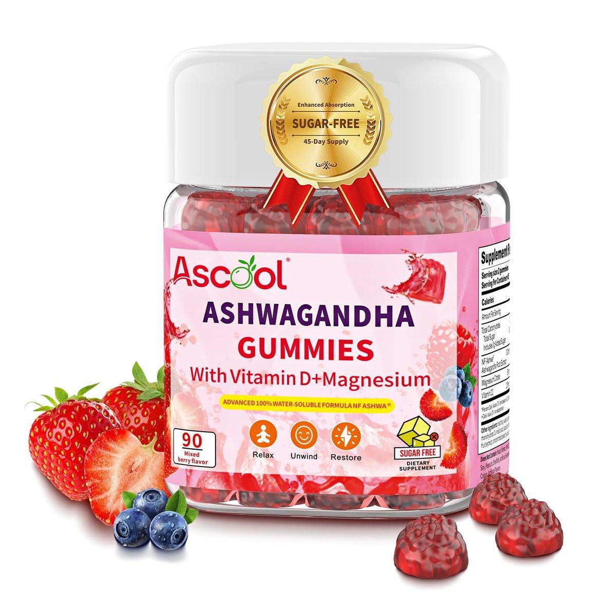 Ascool Ashwagandha Gummies für Stressabbau & Ruhe mit Magnesium + Vitamin D – 90 Stück, zuckerfrei, vegan
