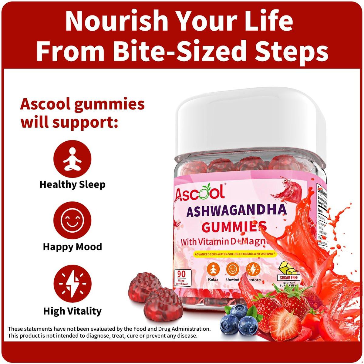 Ascool Ashwagandha Gummies für Stressabbau & Ruhe mit Magnesium + Vitamin D – 90 Stück, zuckerfrei, vegan