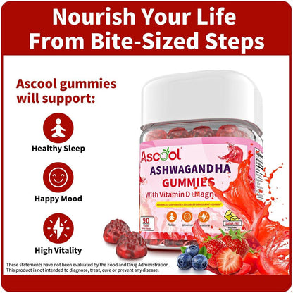 Ascool Ashwagandha Gummies für Stressabbau & Ruhe mit Magnesium + Vitamin D – 90 Stück, zuckerfrei, vegan