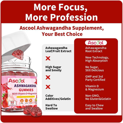 Ascool Ashwagandha Gummies für Stressabbau & Ruhe mit Magnesium + Vitamin D – 90 Stück, zuckerfrei, vegan