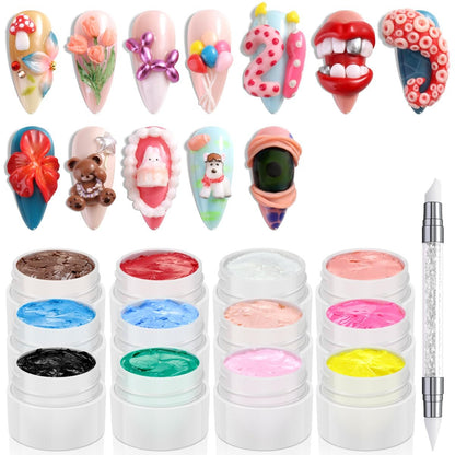 Fcozpjk 3D Skulpturgel Set – 12 Farben Nicht klebriger Handaufbau-Nagelgel-Kit mit Silikon-Modellierstift, Harte Gele für Nagelblumen, Modellieren, Nagelkleber, Malen, Zeichnen, Maniküre-Salonbedarf