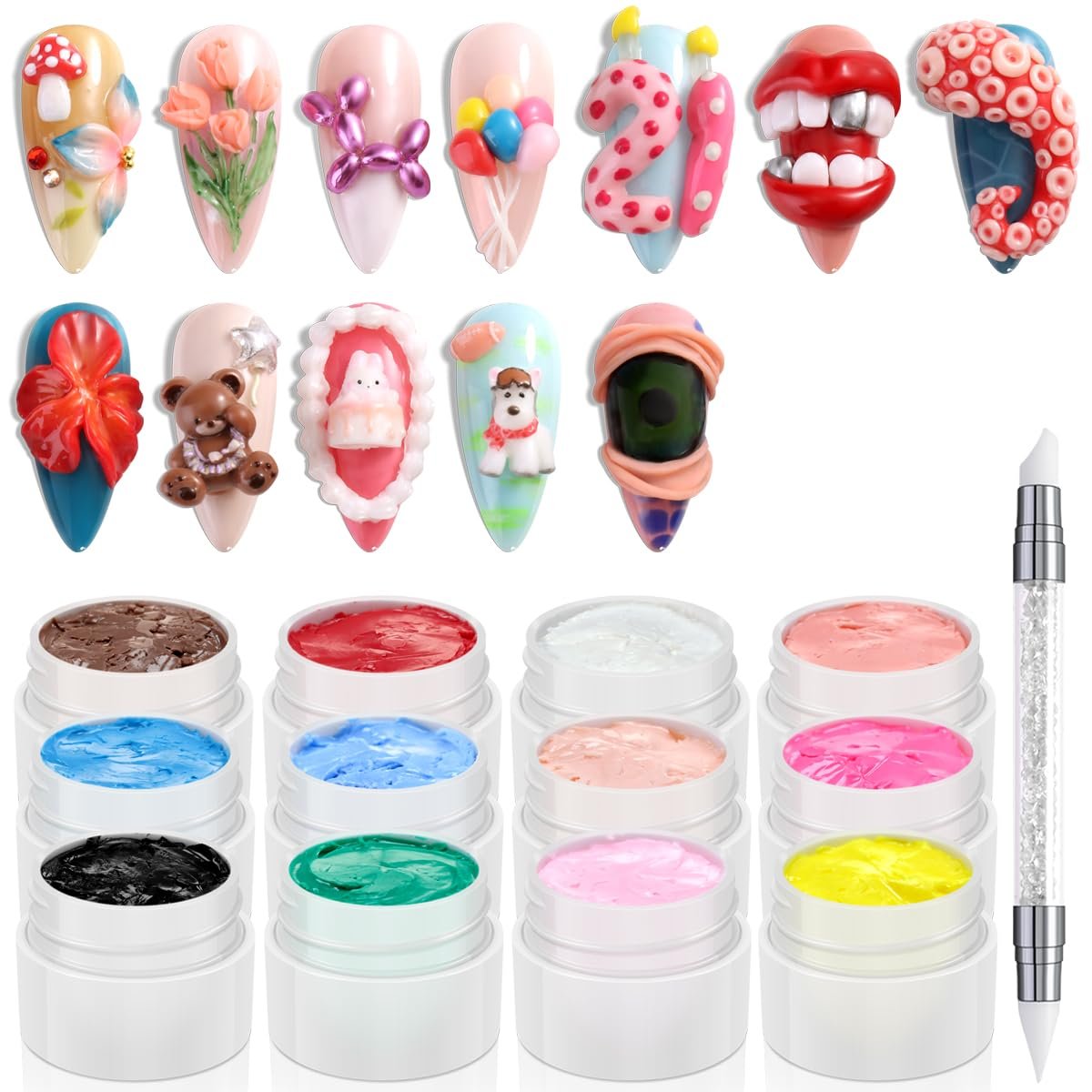 Fcozpjk 3D Skulpturgel Set – 12 Farben Nicht klebriger Handaufbau-Nagelgel-Kit mit Silikon-Modellierstift, Harte Gele für Nagelblumen, Modellieren, Nagelkleber, Malen, Zeichnen, Maniküre-Salonbedarf