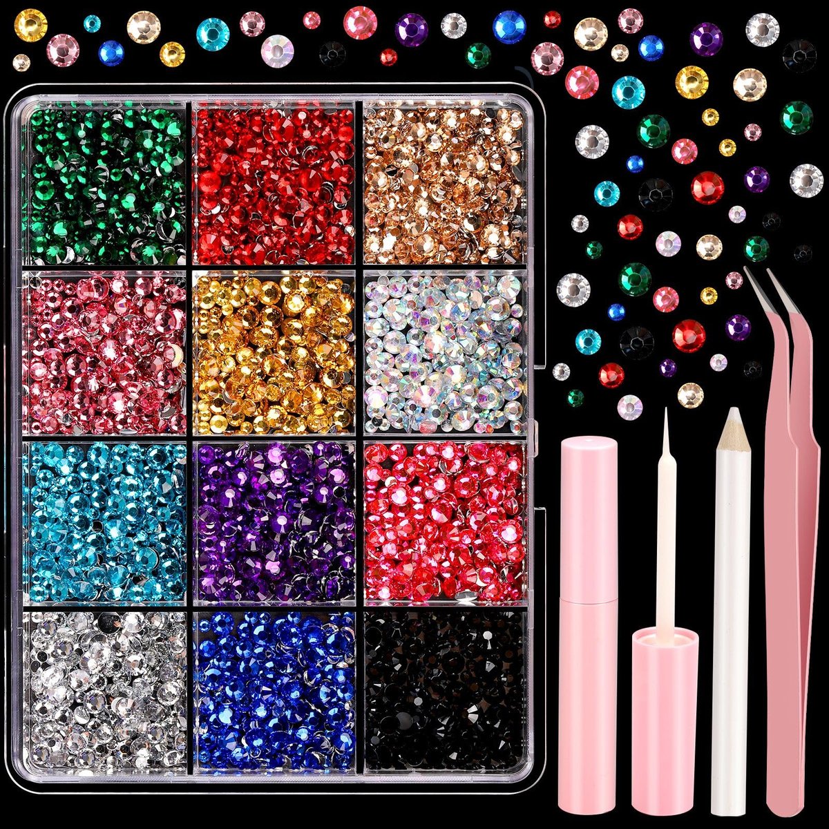 YGDZ Gesichts-Rhinestones-Set – Glitzernde Gesichtssteine & Make-up-Edelsteine für Frauen – inklusive Kleber – 2mm, 3mm, 4mm – Mehrfarbig – Ideal für Halloween, Party & Nail Art