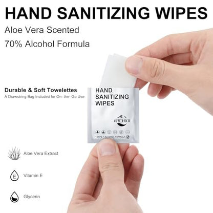 ARCHXX Handreinigungstücher mit Baumwollweichem Gefühl, 200 Stück, Antibakterielle Handtücher einzeln verpackt, 70% Alkohol, Reisegröße, Desinfektion für Zuhause, Büro & Outdoor, Aloe Vera Duft