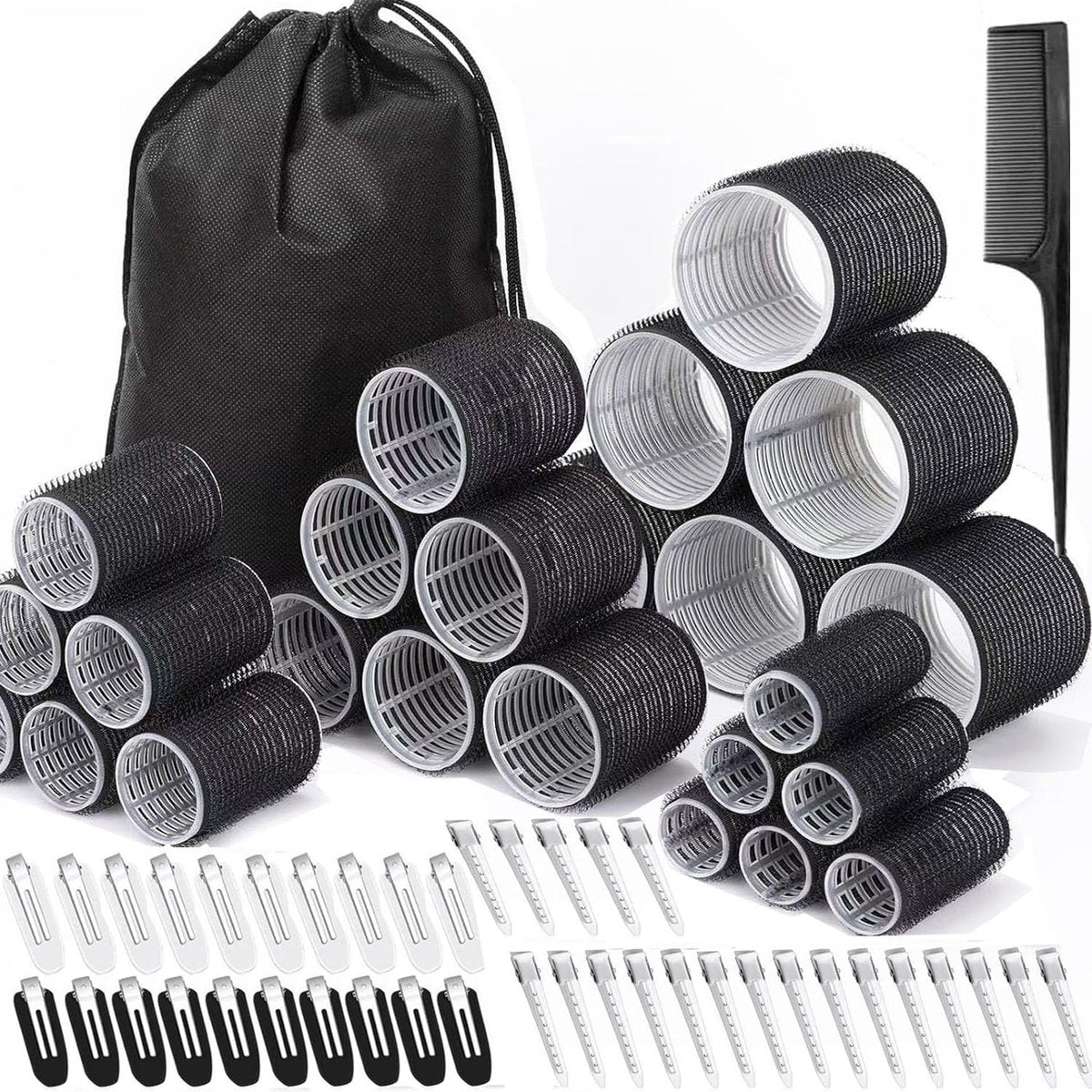 66-teilige Lockenwickler für Frauen, Haarrollen in 4 Größen (60/48/36/25 mm) mit 40 Edelstahlklammern, selbsthaftende Wickler für langes, mittleres und kurzes Haar, inklusive Aufbewahrungstasche und Kamm