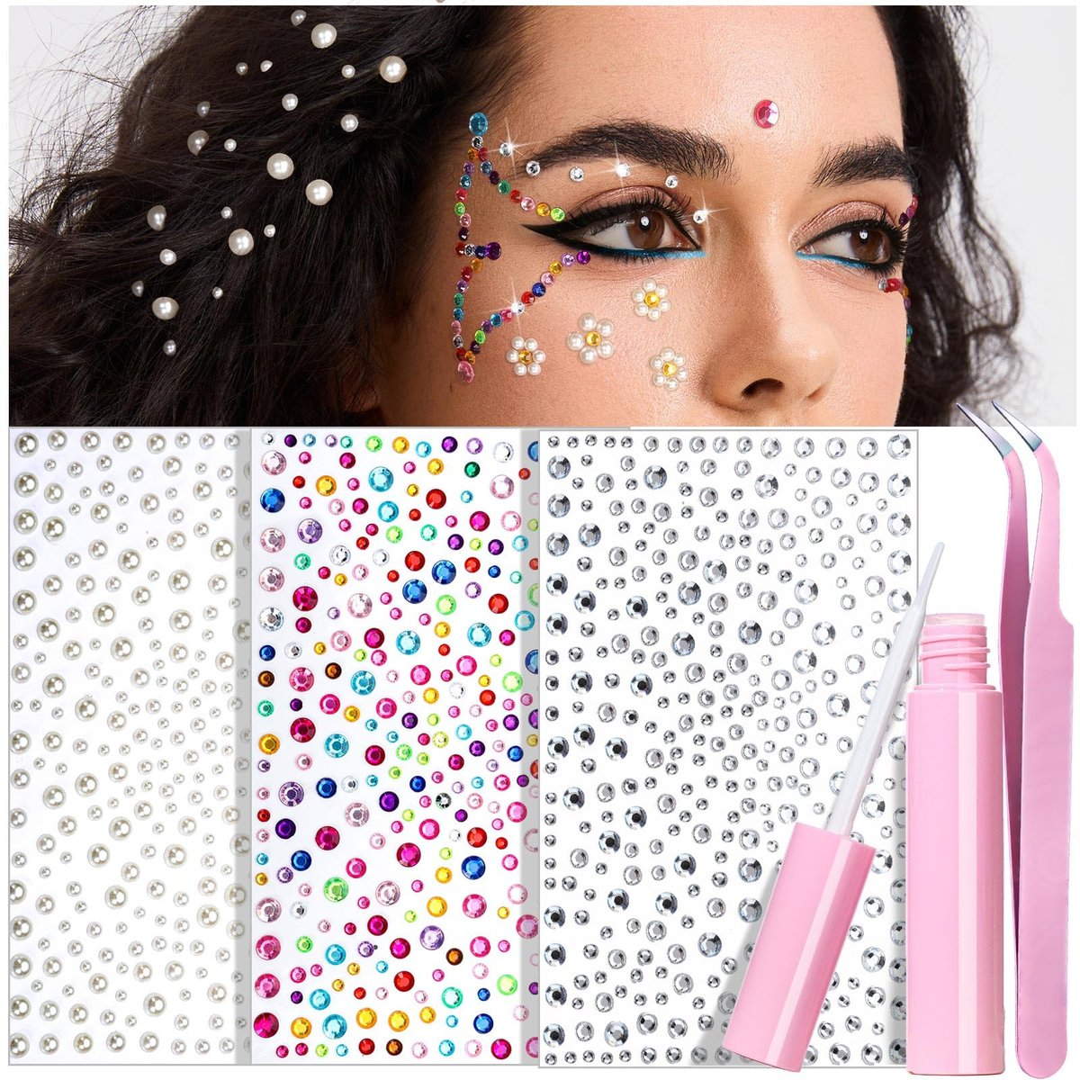 YGDZ Face Gems mit Face Makeup Glue für Strasssteine, Face Jewels Aufkleber, Augen, Perlen Haar Gems für Frauen, Mädchen, Körperkleber für die Haut, Selbstklebende Strasssteine für Nagelkunst, Basteln
