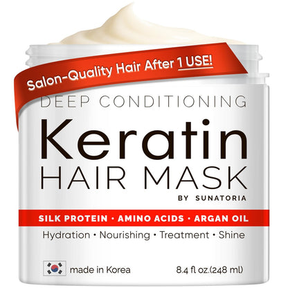 SUNATORIA Korean Keratin Haarmaske für geschädigtes Haar – Tiefenpflege mit hydrolisiertem Seidenprotein, Arganöl & 8 Aminosäuren | Stärkt, glättet & pflegt, sulfatfrei | 250 ml