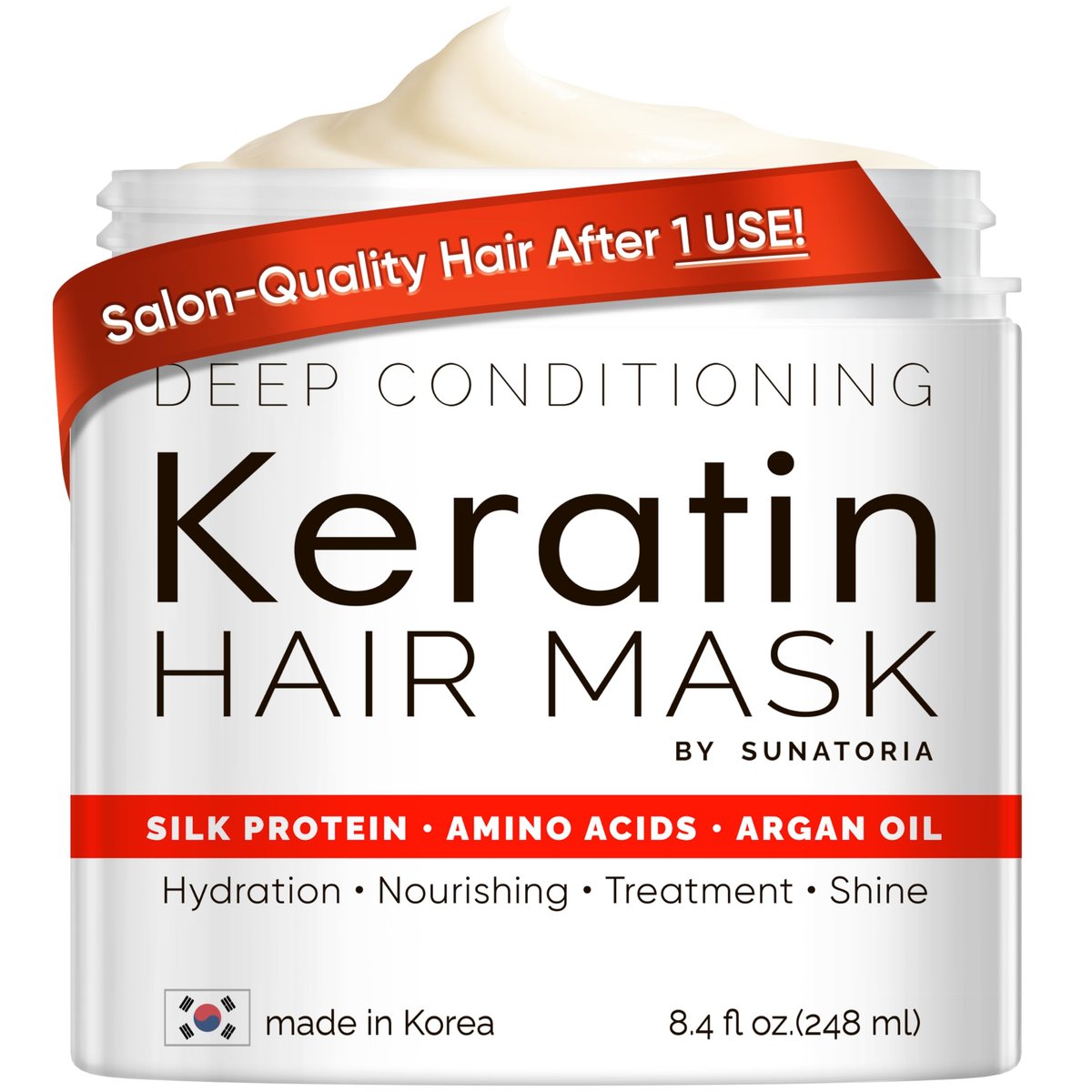 SUNATORIA Korean Keratin Haarmaske für geschädigtes Haar – Tiefenpflege mit hydrolisiertem Seidenprotein, Arganöl & 8 Aminosäuren | Stärkt, glättet & pflegt, sulfatfrei | 250 ml