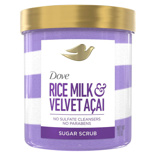 Dove Zucker-Körperpeeling Samtiges Acai & Reis Milch für Frauen für sanfte Exfoliation und hydratisierte Haut 425 g