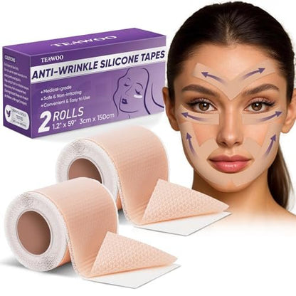 TEAWOO Anti-Falten Silikon-Narbenband für das Gesicht, Faltenpflaster für Stirn und Gesicht, Gesichtspflaster gegen Falten über Nacht, 2 Rollen (1,2" x 59" pro Rolle)