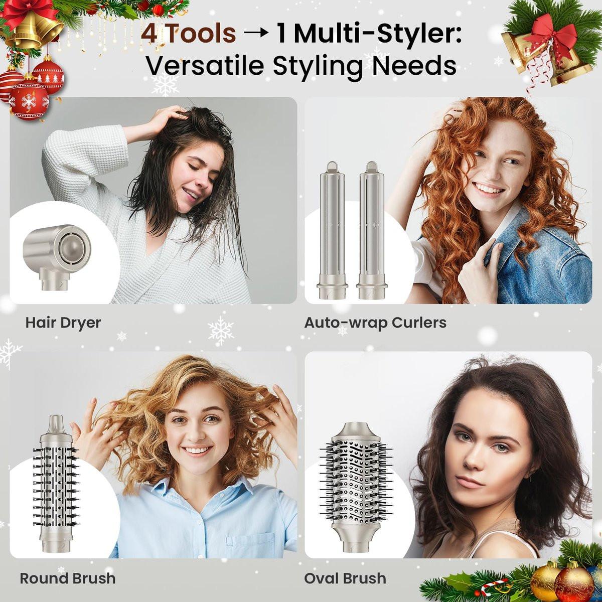 MESCOMB 5-in-1 Hot Air Styler Kit – 110.000 U/min Schnelltrockner, Auto-Wickel-Lockenwickler, Glätt- und Volumenbürsten All-in-One (Champagner Weiß)