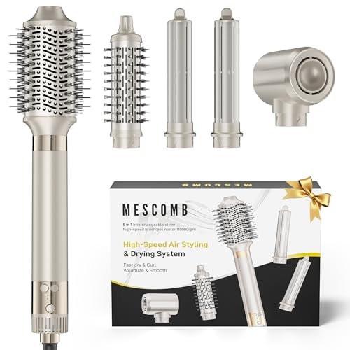 MESCOMB 5-in-1 Hot Air Styler Kit – 110.000 U/min Schnelltrockner, Auto-Wickel-Lockenwickler, Glätt- und Volumenbürsten All-in-One (Champagner Weiß)