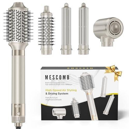 MESCOMB 5-in-1 Hot Air Styler Kit – 110.000 U/min Schnelltrockner, Auto-Wickel-Lockenwickler, Glätt- und Volumenbürsten All-in-One (Champagner Weiß)
