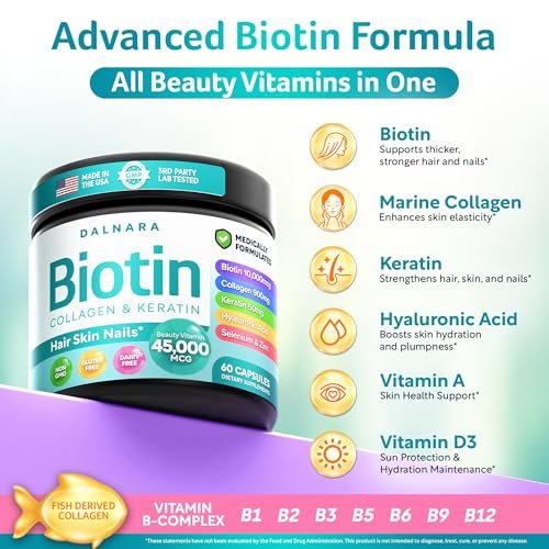 Biotin Collagen & Keratin – Haar-, Haut- und Nagelvitamine, 45.000 MCG Vitamin-Komplex (A, B1, B2, B3, B6, B7, C & E) – Biotin für Haarwachstum für Frauen & Männer, Haarvitamine – 60 Kapseln – Hergestellt in den USA