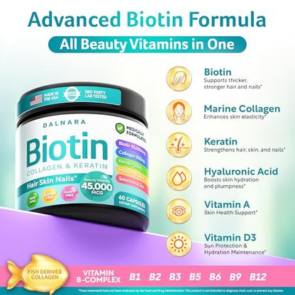 Biotin Collagen & Keratin – Haar-, Haut- und Nagelvitamine, 45.000 MCG Vitamin-Komplex (A, B1, B2, B3, B6, B7, C & E) – Biotin für Haarwachstum für Frauen & Männer, Haarvitamine – 60 Kapseln – Hergestellt in den USA