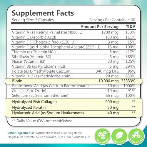 Biotin Collagen & Keratin – Haar-, Haut- und Nagelvitamine, 45.000 MCG Vitamin-Komplex (A, B1, B2, B3, B6, B7, C & E) – Biotin für Haarwachstum für Frauen & Männer, Haarvitamine – 60 Kapseln – Hergestellt in den USA
