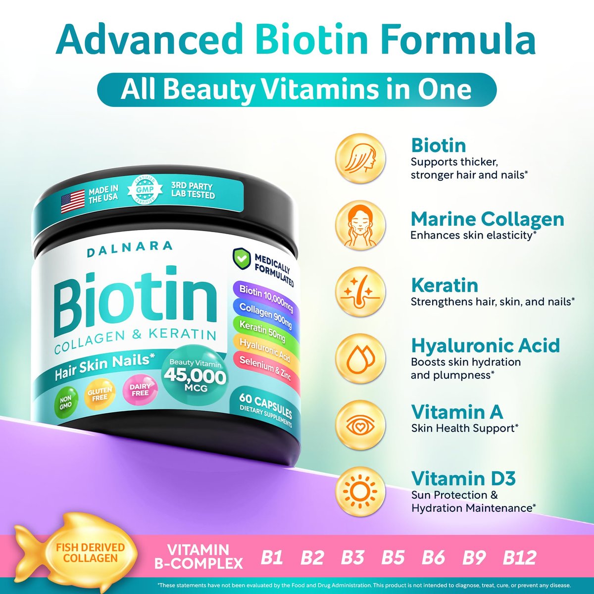 Biotin Collagen & Keratin – Haar-, Haut- und Nagelvitamine, 45.000 MCG Vitamin-Komplex (A, B1, B2, B3, B6, B7, C & E) – Biotin für Haarwachstum für Frauen & Männer, Haarvitamine – 60 Kapseln – Hergestellt in den USA
