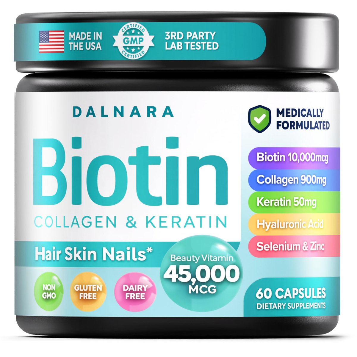 Biotin Collagen & Keratin – Haar-, Haut- und Nagelvitamine, 45.000 MCG Vitamin-Komplex (A, B1, B2, B3, B6, B7, C & E) – Biotin für Haarwachstum für Frauen & Männer, Haarvitamine – 60 Kapseln – Hergestellt in den USA