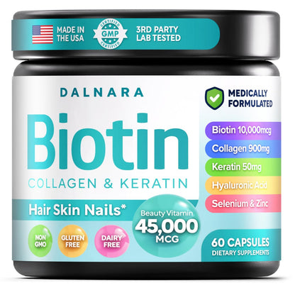 Biotin Collagen & Keratin – Haar-, Haut- und Nagelvitamine, 45.000 MCG Vitamin-Komplex (A, B1, B2, B3, B6, B7, C & E) – Biotin für Haarwachstum für Frauen & Männer, Haarvitamine – 60 Kapseln – Hergestellt in den USA