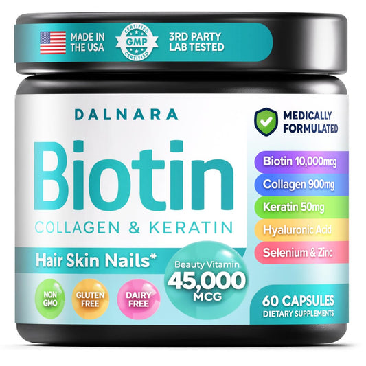 Biotin Collagen & Keratin – Haar-, Haut- und Nagelvitamine, 45.000 MCG Vitamin-Komplex (A, B1, B2, B3, B6, B7, C & E) – Biotin für Haarwachstum für Frauen & Männer, Haarvitamine – 60 Kapseln – Hergestellt in den USA