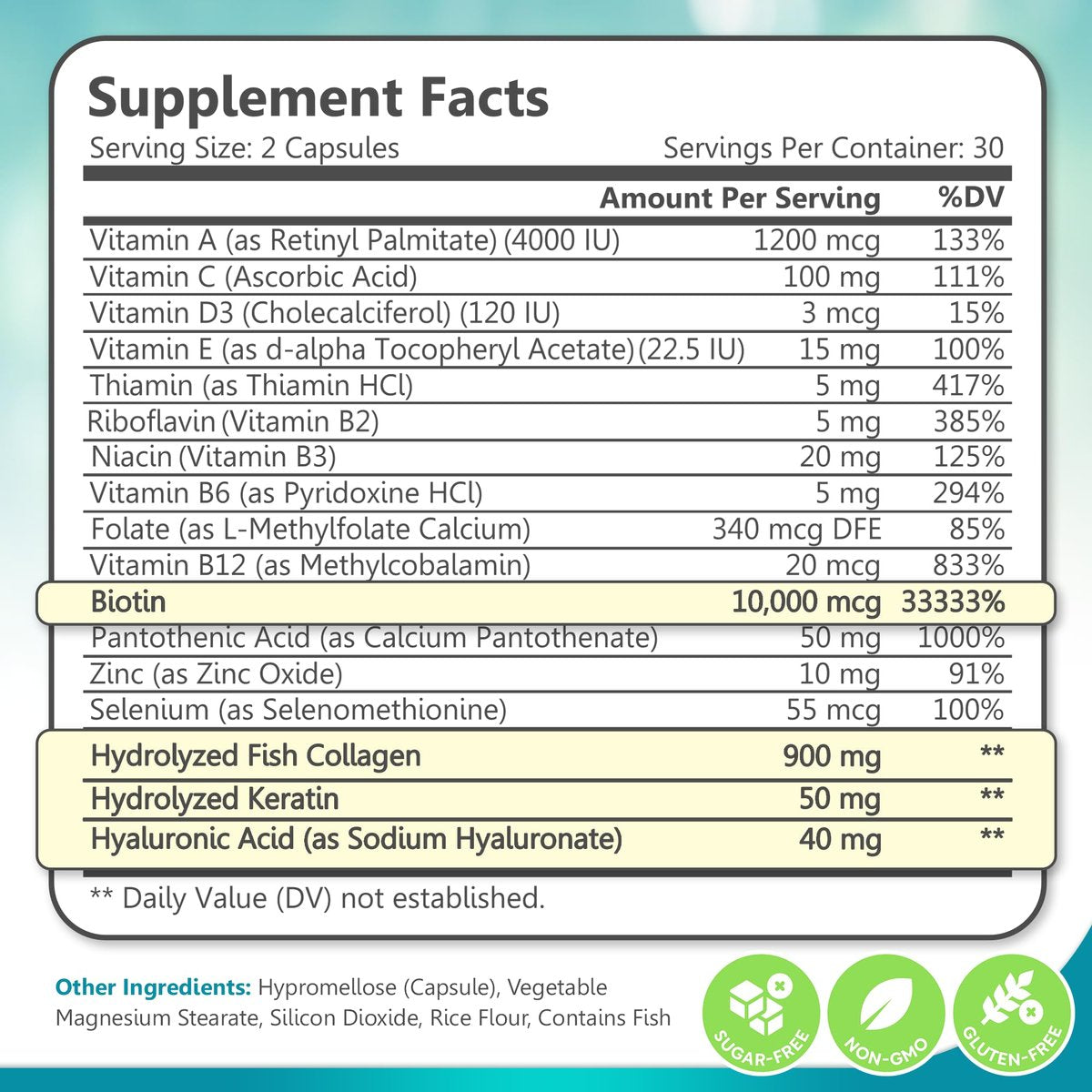 Biotin Collagen & Keratin – Haar-, Haut- und Nagelvitamine, 45.000 MCG Vitamin-Komplex (A, B1, B2, B3, B6, B7, C & E) – Biotin für Haarwachstum für Frauen & Männer, Haarvitamine – 60 Kapseln – Hergestellt in den USA