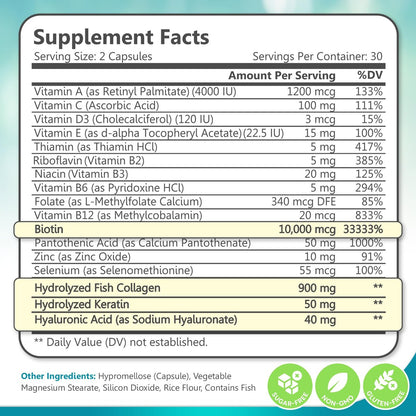 Biotin Collagen & Keratin – Haar-, Haut- und Nagelvitamine, 45.000 MCG Vitamin-Komplex (A, B1, B2, B3, B6, B7, C & E) – Biotin für Haarwachstum für Frauen & Männer, Haarvitamine – 60 Kapseln – Hergestellt in den USA