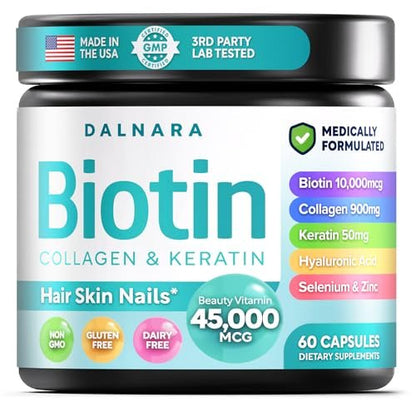 Biotin Collagen & Keratin – Haar-, Haut- und Nagelvitamine, 45.000 MCG Vitamin-Komplex (A, B1, B2, B3, B6, B7, C & E) – Biotin für Haarwachstum für Frauen & Männer, Haarvitamine – 60 Kapseln – Hergestellt in den USA