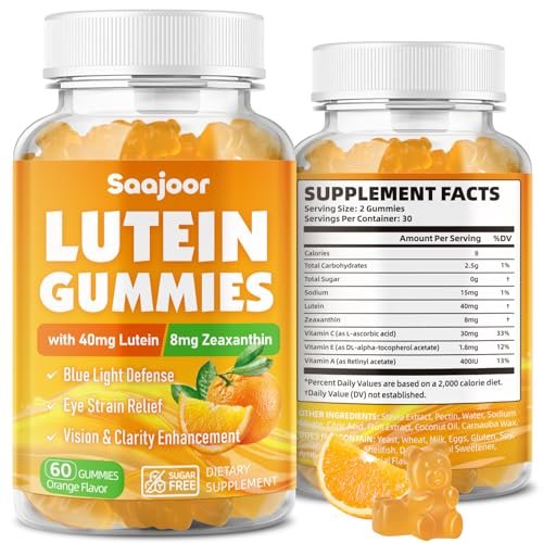 Saajoor Lutein & Zeaxanthin Gummies – 40 mg Lutein & 8 mg Zeaxanthin für Augen Gesundheit, natürlicher Orangen-Geschmack, 60 Stück