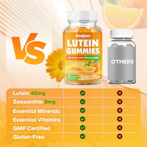 Saajoor Lutein & Zeaxanthin Gummies – 40 mg Lutein & 8 mg Zeaxanthin für Augen Gesundheit, natürlicher Orangen-Geschmack, 60 Stück
