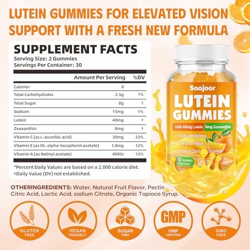 Saajoor Lutein & Zeaxanthin Gummies – 40 mg Lutein & 8 mg Zeaxanthin für Augen Gesundheit, natürlicher Orangen-Geschmack, 60 Stück