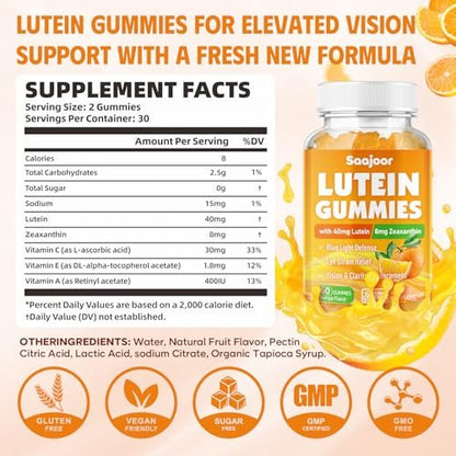Saajoor Lutein & Zeaxanthin Gummies – 40 mg Lutein & 8 mg Zeaxanthin für Augen Gesundheit, natürlicher Orangen-Geschmack, 60 Stück