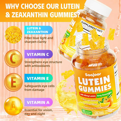 Saajoor Lutein & Zeaxanthin Gummies – 40 mg Lutein & 8 mg Zeaxanthin für Augen Gesundheit, natürlicher Orangen-Geschmack, 60 Stück