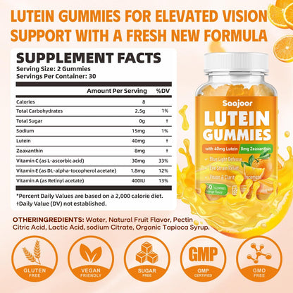 Saajoor Lutein & Zeaxanthin Gummies – 40 mg Lutein & 8 mg Zeaxanthin für Augen Gesundheit, natürlicher Orangen-Geschmack, 60 Stück