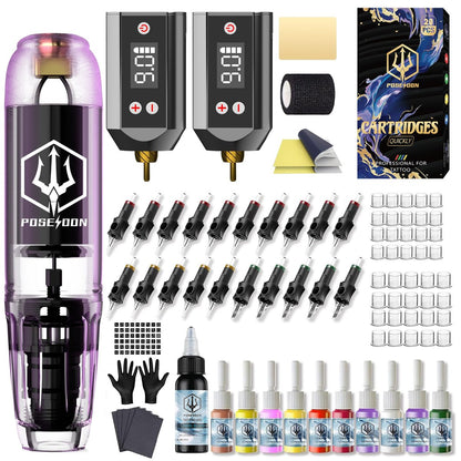 POSEIDON Tattoo Kit – Tattoo-Pen-Set mit 2x 1200mAh Netzteil und 11 Tattoo-Farben, 20 Nadeln für Anfänger
