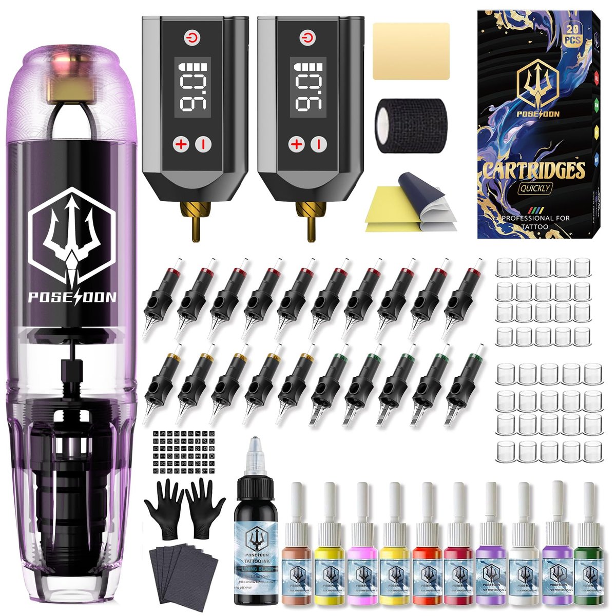 POSEIDON Tattoo Kit – Tattoo-Pen-Set mit 2x 1200mAh Netzteil und 11 Tattoo-Farben, 20 Nadeln für Anfänger