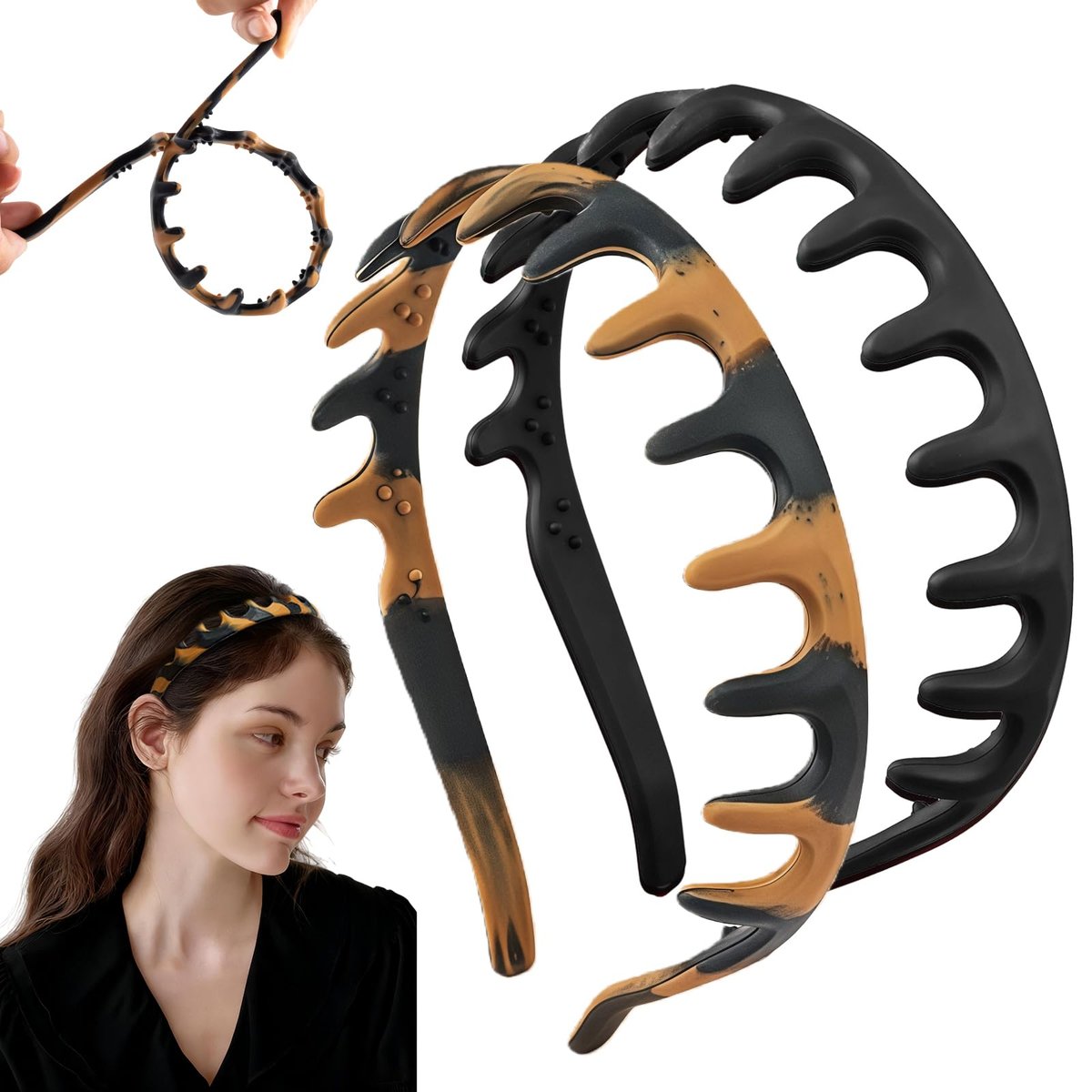 rytopt 2er-Pack Stirnbänder für Frauen – gezahnte, rutschfeste Stirnbänder ohne Kopfschmerzen – Silikon-U-Form-Haarband – ideal als Geschenk für Mädchen und Frauen