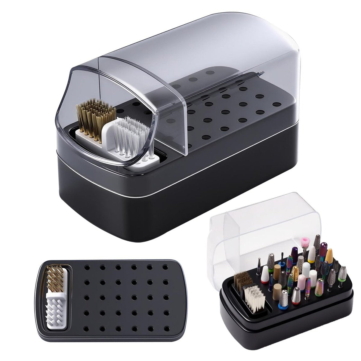 FANTEXY 2-in-1 Nagelbohrer-Aufbewahrungset: 30-Loch Staubdichte Box mit Nylon-/Kupferbürsten – Maniküre-Organizer für Bohrerbits (Bits nicht enthalten)