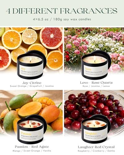 AOOVOO Kristall-Energie Kerzen Set für Frauen - 4er Pack 26 oz Sojawachs-Kerzen für Duft-Zuhause, 200 Stunden langanhaltende Kerze, Lachen Roter Kristall/Liebe Rosenquarz/Freude Citrin/Leidenschaft Roter Quarz