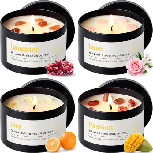 AOOVOO Kristall-Energie Kerzen Set für Frauen - 4er Pack 26 oz Sojawachs-Kerzen für Duft-Zuhause, 200 Stunden langanhaltende Kerze, Lachen Roter Kristall/Liebe Rosenquarz/Freude Citrin/Leidenschaft Roter Quarz