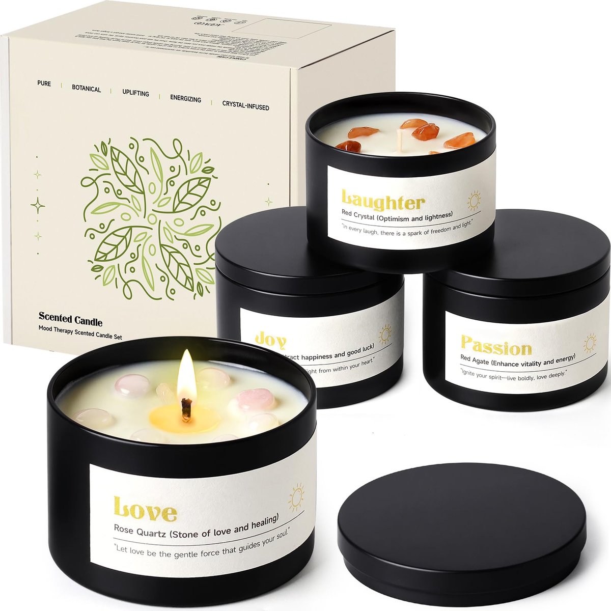 AOOVOO Kristall-Beruhigungskerzen Set für Frauen - 4er-Pack 26 oz Sojawachs-Kerze für duftendes Zuhause, 200 Stunden langanhaltende Kerze, Calm Amethyst/Serenity Clear Quartz/Harmony Rose Quartz/Balance Lapis Lazuli