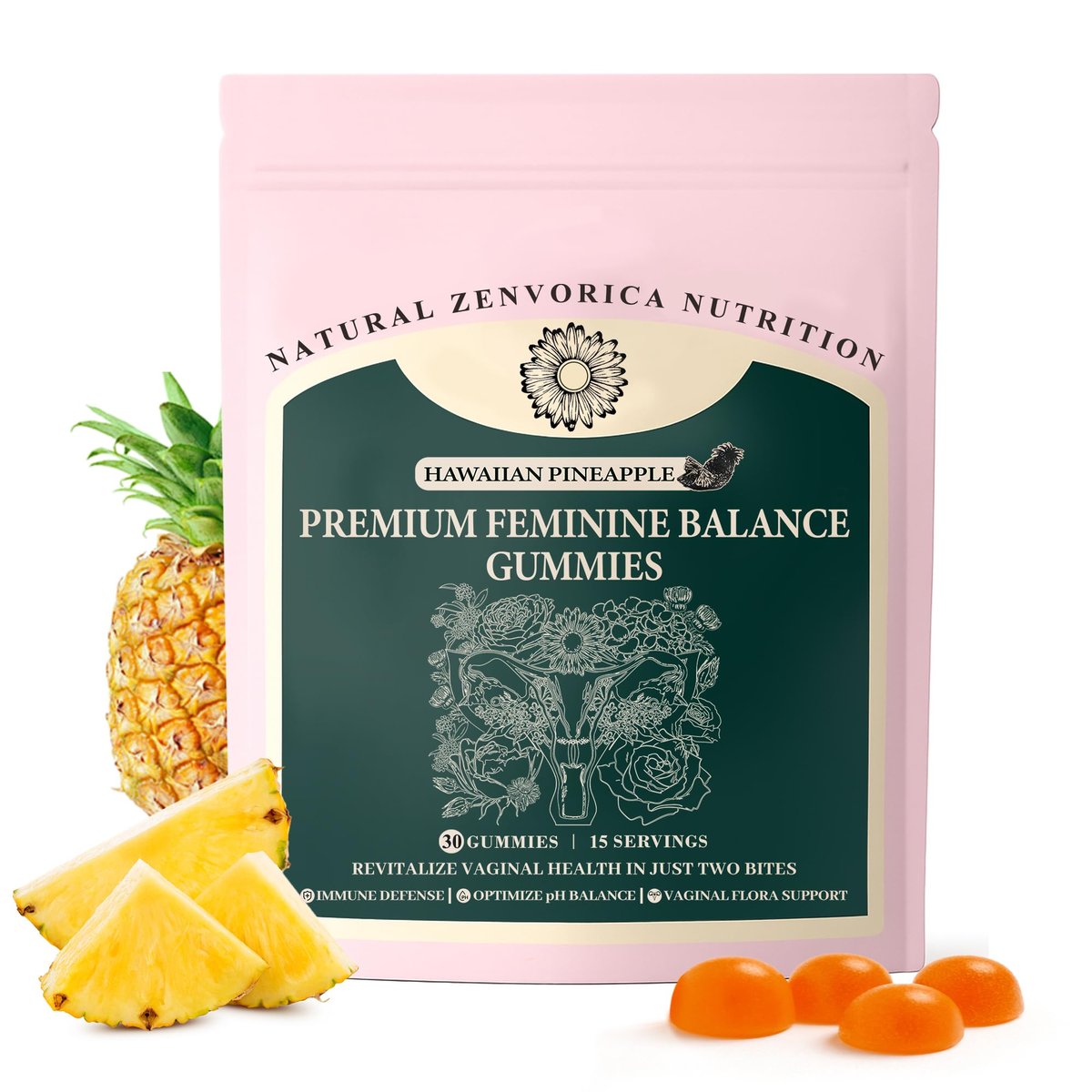 Zenvorica Premium Feminine Balance Gummis für Frauen - Ananas Gummis für den pH-Wert, vaginale Probiotika für Gesundheit & Wohlbefinden, vegan, glutenfrei, Immununterstützung, 30 Stück