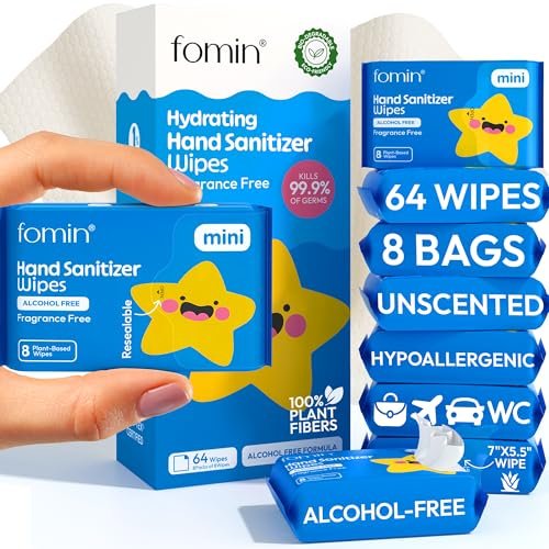 Fomin Mini Hand Sanitizer Tücher 8er Pack (8 Stück) - Duftfreie Mini-Feuchttücher - pH-ausgeglichen, biologisch abbaubar, antibakteriell für unterwegs - hypoallergen, insgesamt 64 Tücher