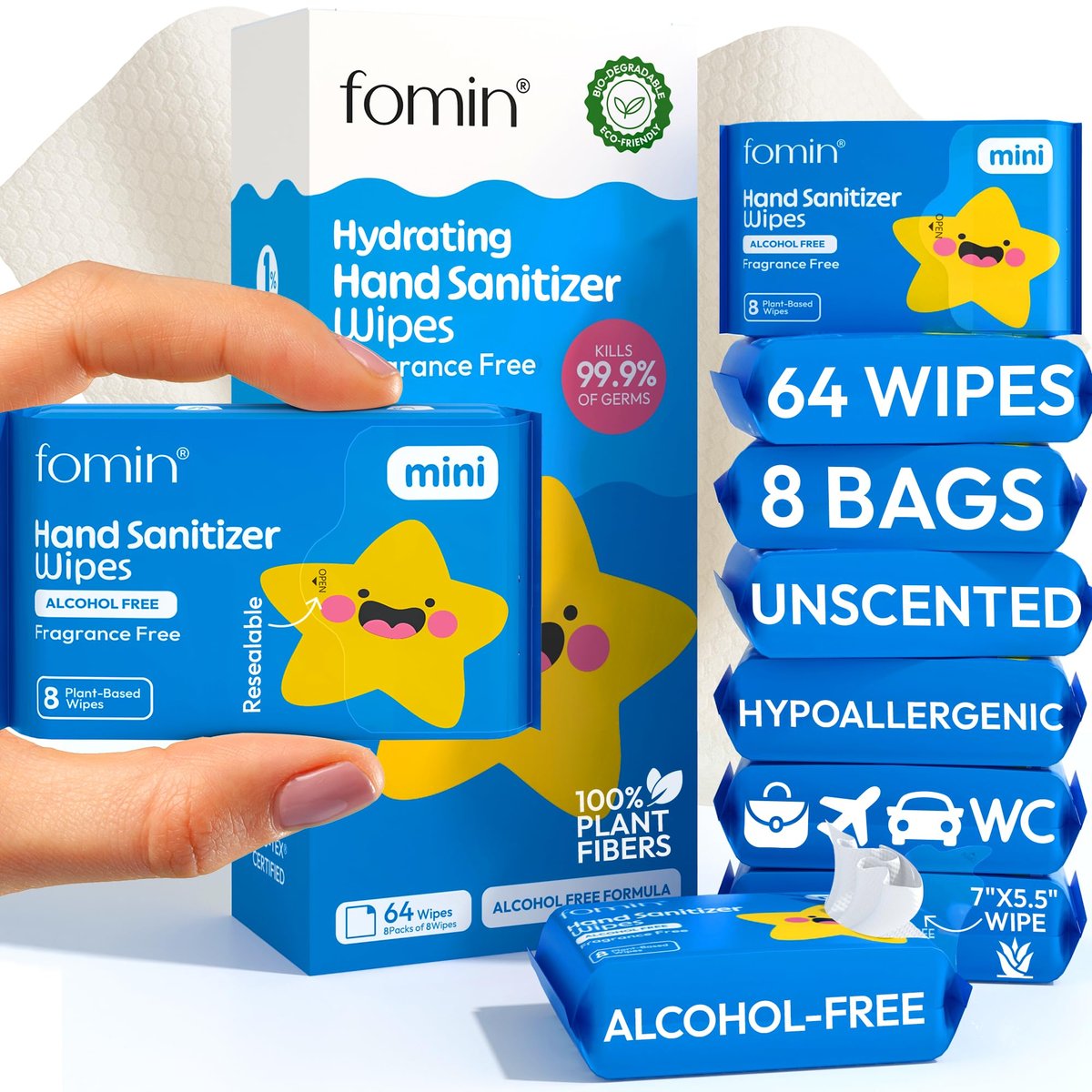 Fomin Mini Hand Sanitizer Tücher 8er Pack (8 Stück) - Duftfreie Mini-Feuchttücher - pH-ausgeglichen, biologisch abbaubar, antibakteriell für unterwegs - hypoallergen, insgesamt 64 Tücher