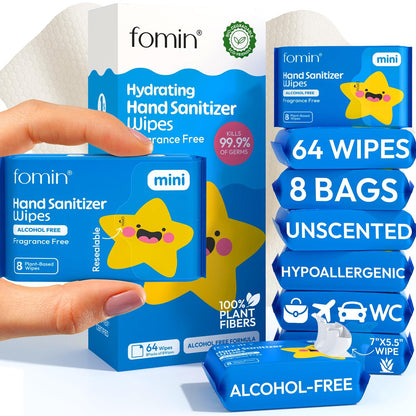 Fomin Mini Hand Sanitizer Tücher 8er Pack (8 Stück) - Duftfreie Mini-Feuchttücher - pH-ausgeglichen, biologisch abbaubar, antibakteriell für unterwegs - hypoallergen, insgesamt 64 Tücher