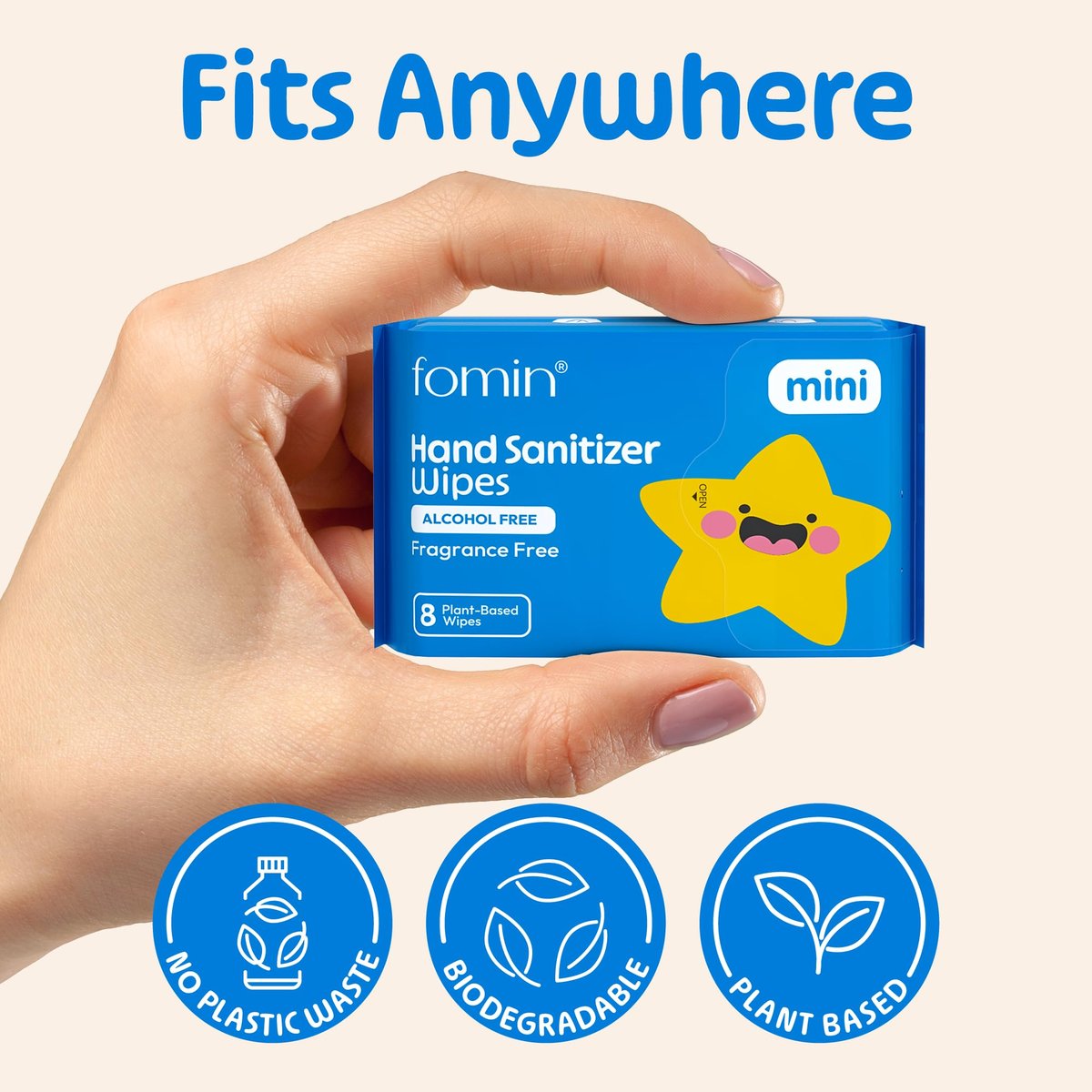Fomin Mini Hand Sanitizer Tücher 8er Pack (8 Stück) - Duftfreie Mini-Feuchttücher - pH-ausgeglichen, biologisch abbaubar, antibakteriell für unterwegs - hypoallergen, insgesamt 64 Tücher