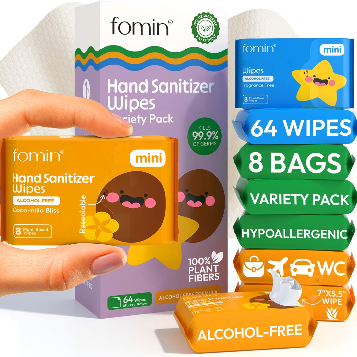 Fomin Mini Hand Sanitizer Tücher 8er Pack (8 Stück) - Vielfaltspack Mini Feuchttücher - pH-ausgeglichen, biologisch abbaubar, antibakteriell für unterwegs - hypoallergen, insgesamt 64 Tücher