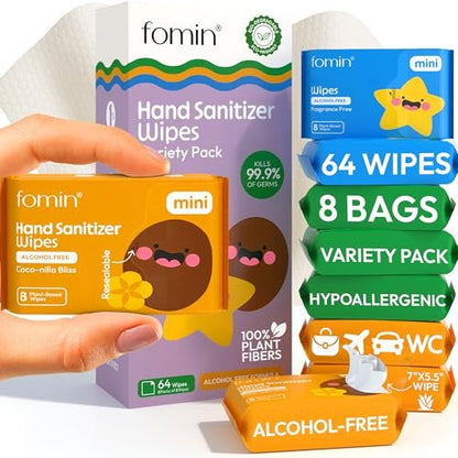 Fomin Mini Hand Sanitizer Tücher 8er Pack (8 Stück) - Vielfaltspack Mini Feuchttücher - pH-ausgeglichen, biologisch abbaubar, antibakteriell für unterwegs - hypoallergen, insgesamt 64 Tücher